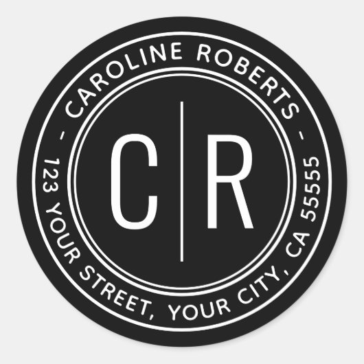 ブラックモダンモノグラムイニシャル差出人住所 ラウンドシール (正面)