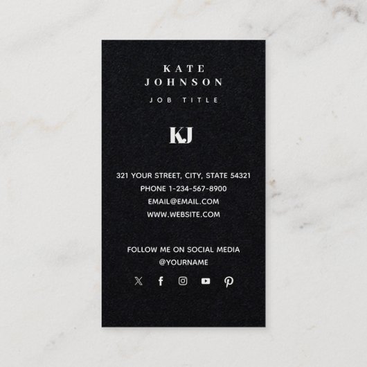 ブラックモダンモノグ無地のラムイニシャルQRコード 名刺 (裏面)