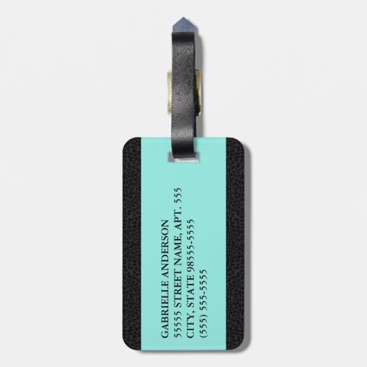 ブラックモダンレオパードプリントアクアストライプ(名前付き) ラゲッジタグ (裏面縦)