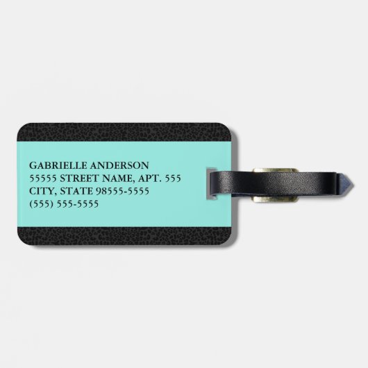 ブラックモダンレオパードプリントアクアストライプ(名前付き) ラゲッジタグ (裏面横)