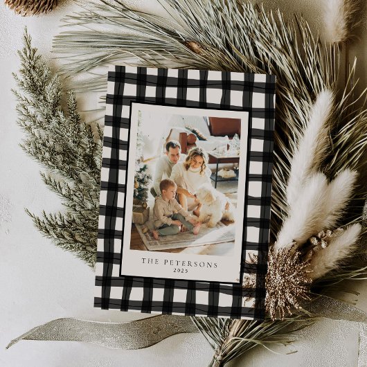 ブラックモダンレトロプレイドファミリーフォトクリスマス シーズンカード