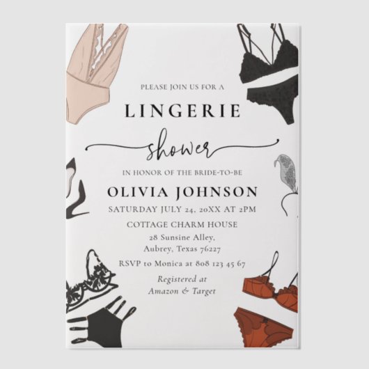 ブラックモダンレースブラランジェリーブライダルシャワー ベラム紙招待状 (正面)