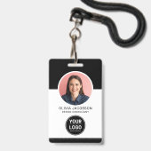 ブラックモダン企業社員写真セキュリティQR ID バッジ (正面（ネックストラップ付）)