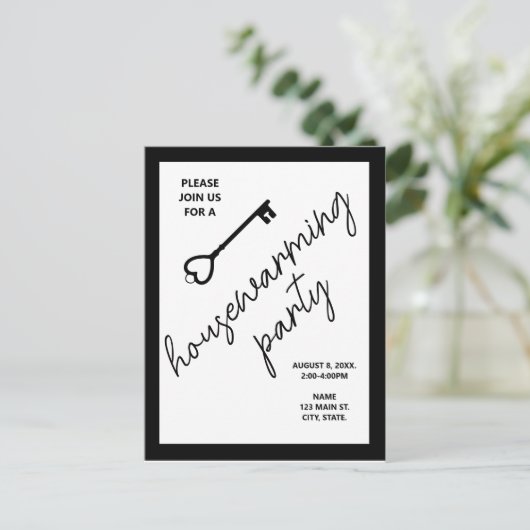 ブラックモダン引っ越し祝いパーティーオープンハウス招待状 ポストカード (スタンド正面)