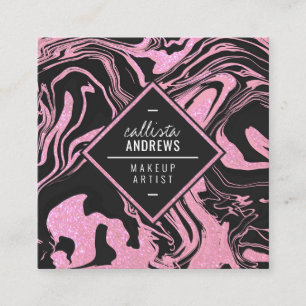 ブラックモダン赤面ピンクグリッターマーブルメイクアップ スクエア名刺