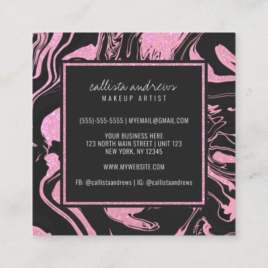 ブラックモダン赤面ピンクグリッターマーブルメイクアップ スクエア名刺 (裏面)