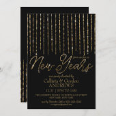 ブラックモダン金ゴールドつるズグリッター大晦日 招待状 (正面/裏面)