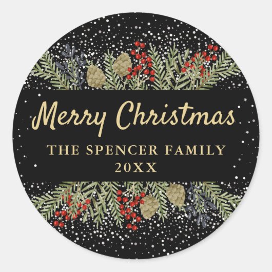 ブラックモダン金ゴールドウィンターホリーベリークリスマス ラウンドシール (正面)