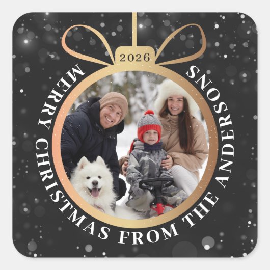 ブラックモダン金ゴールドクリスマスオーナメントホリデーフォト スクエアシール (正面)