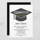 ブラックモダン金ゴールドグラードキャップタッセル卒業パーティー 招待状 (正面/裏面)