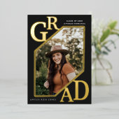 ブラックモダン金ゴールドグラード卒業写真フォイル 箔招待状 (立ち正面)