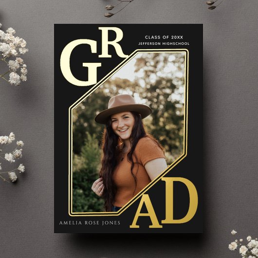 ブラックモダン金ゴールドグラード卒業写真フォイル 箔招待状