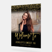 ブラックモダン金ゴールドグリッターSweet 16フォトウェルカム アクリルサイン (傾斜)