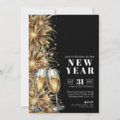 ブラックモダン金ゴールドシャンパンニューイヤーズイブパーティー 招待状 (正面)