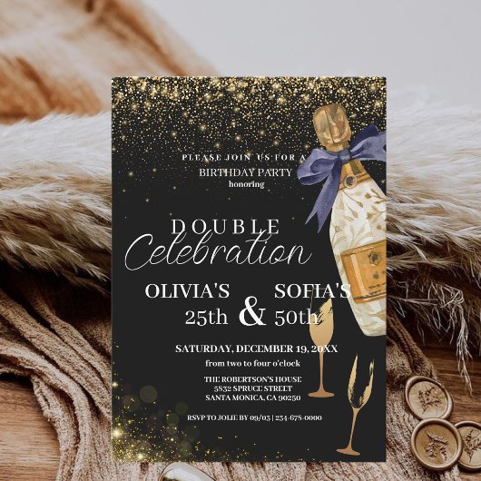 ブラックモダン金ゴールドシャンパンanyエージ誕生日 招待状