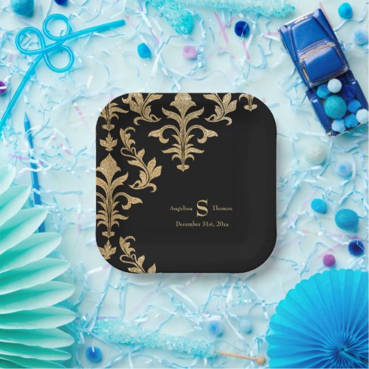 ブラックモダン金ゴールドダマスクウェディング披露宴デコール ペーパープレート (パーティー)