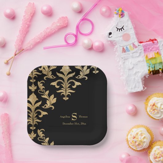 ブラックモダン金ゴールドダマスクウェディング披露宴デコール ペーパープレート (パーティー)