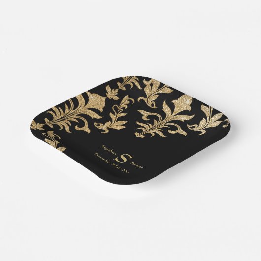 ブラックモダン金ゴールドダマスクウェディング披露宴デコール ペーパープレート (傾斜あり)