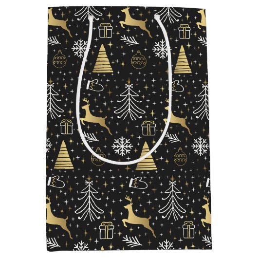 ブラックモダン金ゴールドトナカイのクリスマス ミディアムペーパーバッグ