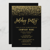 ブラックモダン金ゴールドフェイクグリッターホリデーパーティー 招待状 (正面/裏面)