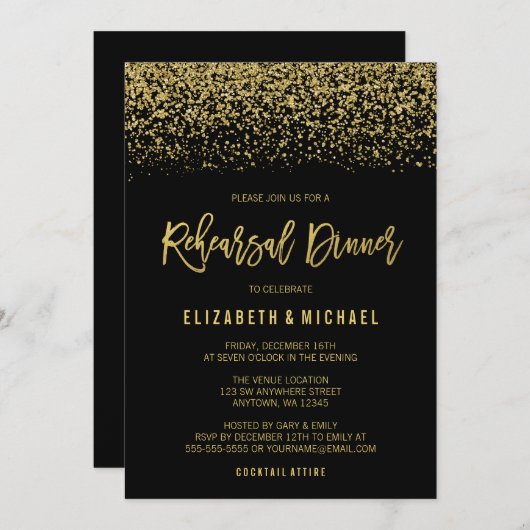 ブラックモダン金ゴールドフェイクグリッターリハーサルディナー 招待状 (正面/裏面)