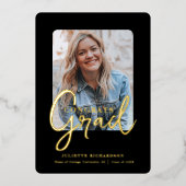 ブラックモダン金ゴールドフォトカレッジ卒業パーティー 箔招待状 (正面)