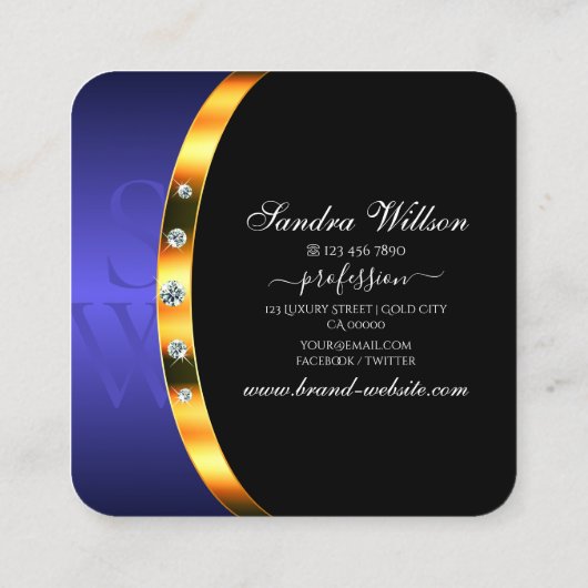 ブラックモダン金ゴールドブルー(イニシャルとダイヤモンド付き) スクエア名刺 (裏面)