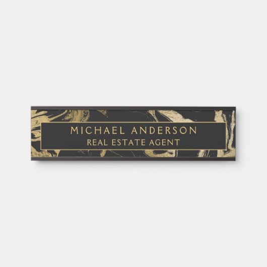 ブラックモダン金ゴールドマーブルストーンカスタムミニマリスト サインプレート (正面)