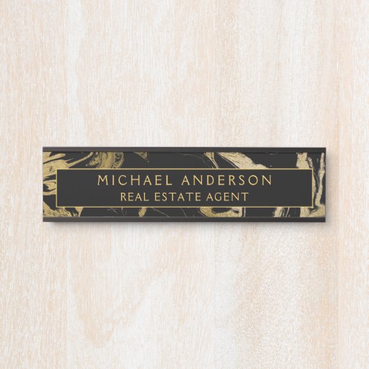 ブラックモダン金ゴールドマーブルストーンカスタムミニマリスト サインプレート (正面)