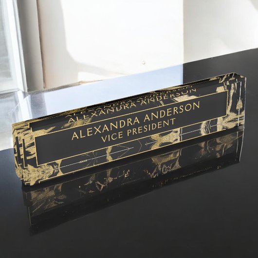 ブラックモダン金ゴールドマーブルストーンカスタムミニマリスト デスクネームプレート