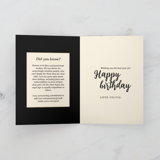 ブラックモダン金ゴールドライオン〔占星術の〕十二宮図サインレオ誕生日 カード (内部)