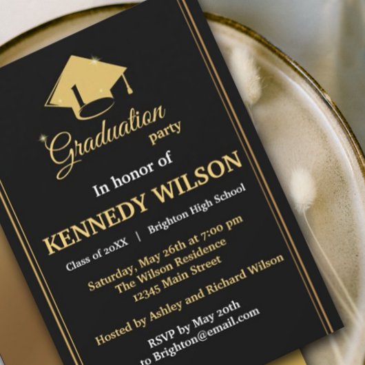 ブラックモダン金ゴールド卒業パーティー招待状 招待状