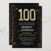 ブラックモダン金ゴールド100番目の誕生日サプライズパーティー 招待状 (正面/裏面)