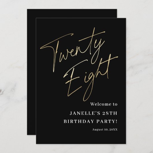 ブラックモダン金ゴールド28thバースデーパーティーへようこそ 招待状 (正面/裏面)