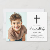 ブラックモダン・クロス・ミニマル少年ファースト・コミュニオン 招待状 (正面)