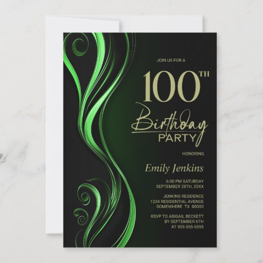 ブラックモダン・グリーン100th誕生日パーティー 招待状 (正面)