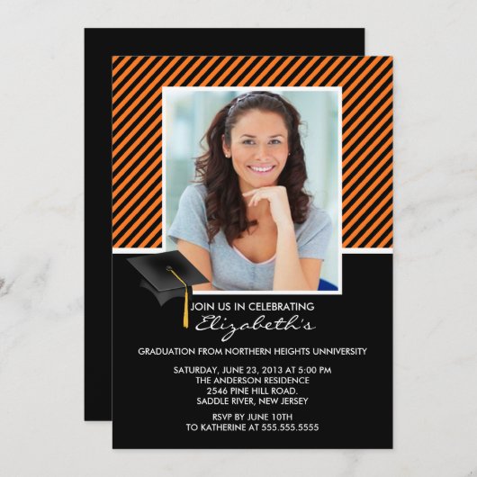 ブラックモダン·ストライプ卒業パーティー発表 招待状 (正面/裏面)