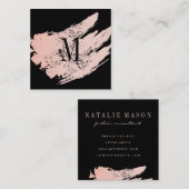 ブラックモダン/ピンクブラシ仕上げミニマル版モノグラム スクエア名刺 (正面/裏面)
