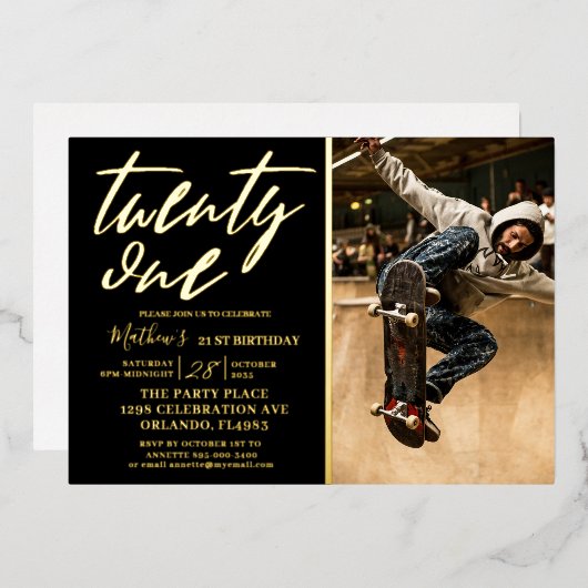ブラックモダン&金ゴールド21'st誕生日招待状 箔招待状 (正面/裏面)