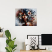 ブラックモデルハイファッション女性美しいフローラ ポスター (ホームオフィス)