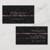 ブラックモノクロフローラレースピンクアクセント 名刺 (正面/裏面)