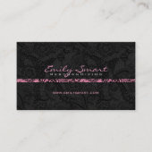 ブラックモノクロフローラレースピンクアクセント 名刺 (正面)