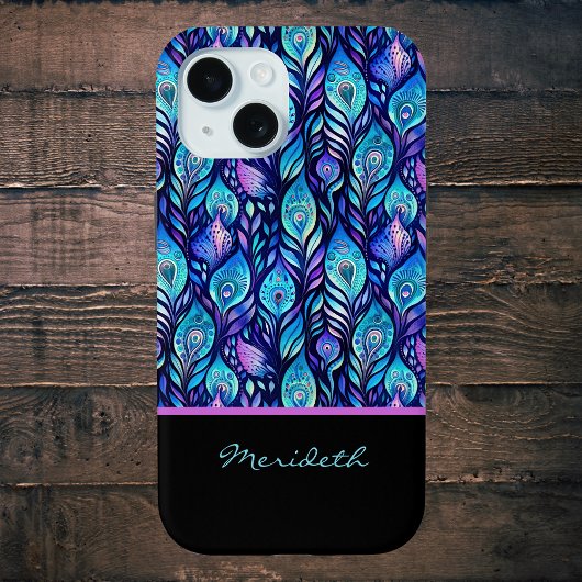 ブラックモノグラムのブルーパープルピーコックの羽 Case-Mate iPhoneケース