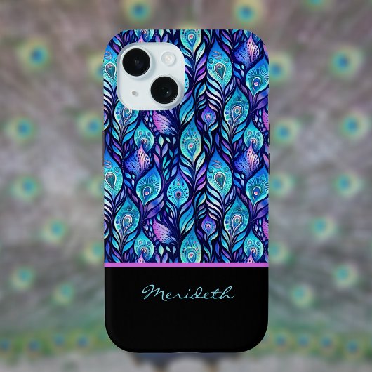 ブラックモノグラムのブルーパープルピーコックの羽 Case-Mate iPhoneケース