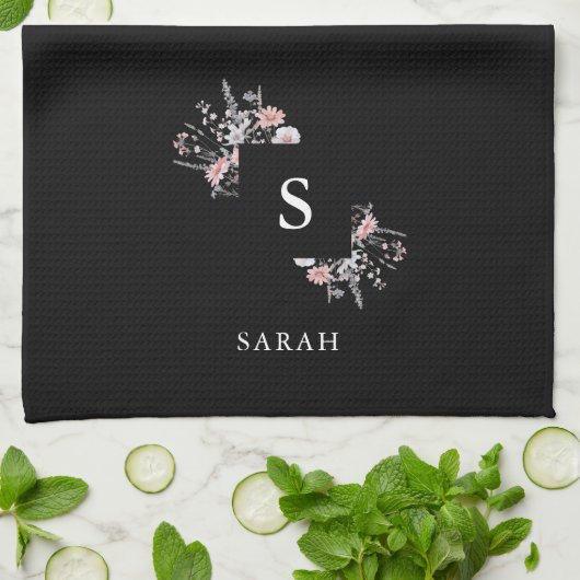 ブラックモノグラムイニシャルモダンマママティーディッシュ キッチンタオル (折り畳み)