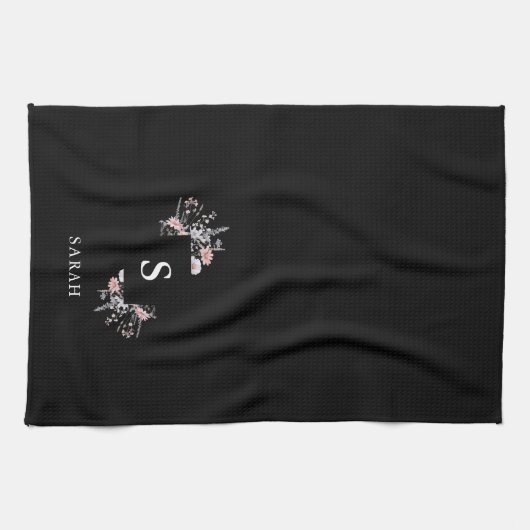 ブラックモノグラムイニシャルモダンマママティーディッシュ キッチンタオル (横)