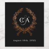 ブラックモノグラムイニシャルリースバラ結婚金ゴールド ワインラベル (シングルラベル)