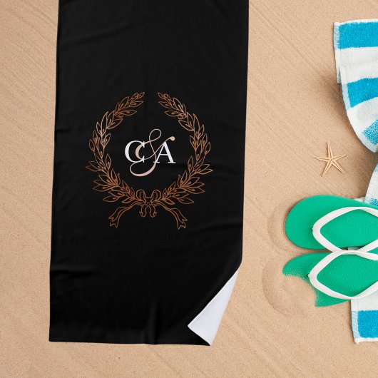 ブラックモノグラムイニシャルリースバラ金ゴールドハネムーン ビーチタオル