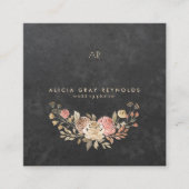 ブラックモノグラムウォーターカラーフローラウェディングプランナー スクエア名刺 (正面)