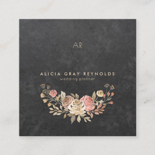 ブラックモノグラムウォーターカラーフローラウェディングプランナー スクエア名刺 (正面)
